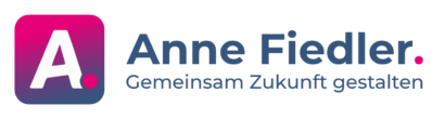 Logo für Anne Fiedler. Signet mit weißen A mit magenta Punkt auf Farbverlauf von Magenta zu Dunkelblau. Claim: Gemeinsam Zukunft gestalten